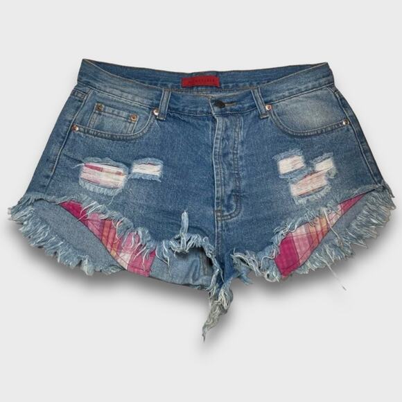 SIGNATURE8 HIGH RISE COUNTRY WESTERN FLANNEL DISTRESSED FESTIVAL DENIM SHORTS 8 - Picture 1 of 7